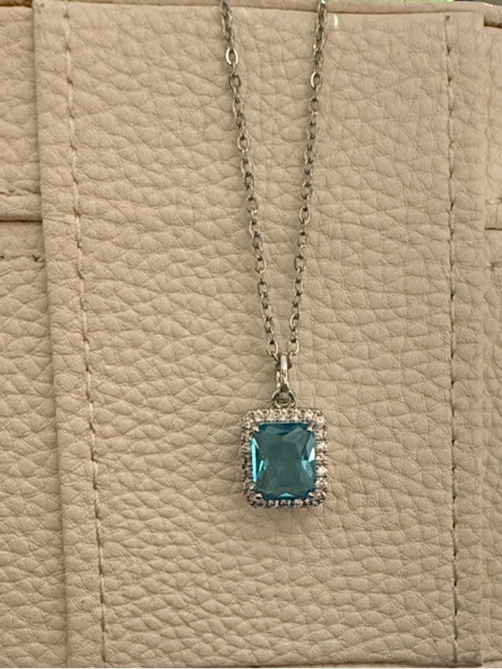 White Gold-Filled Necklace with Icy Blue Square Crystal Pendant -NEW
